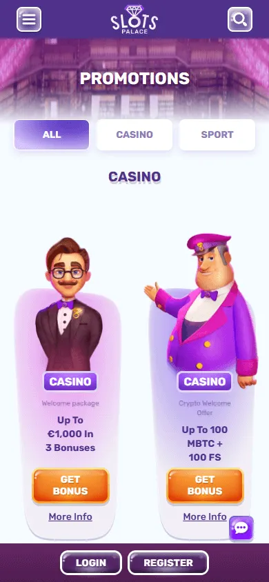 Slotspalace Casino mobile promotions area with welcome and reload offers