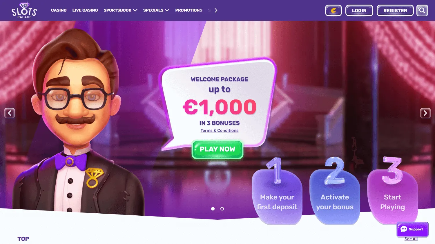 Slotspalace Casino desktop casino interface with games and account features