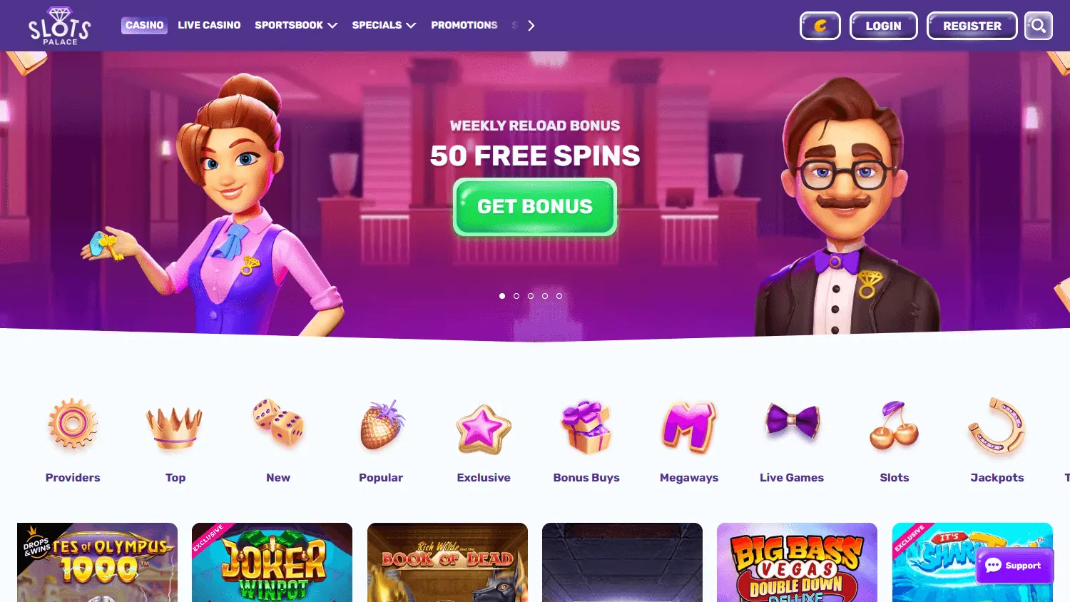 Slotspalace Casino desktop live casino selection with dealer tables