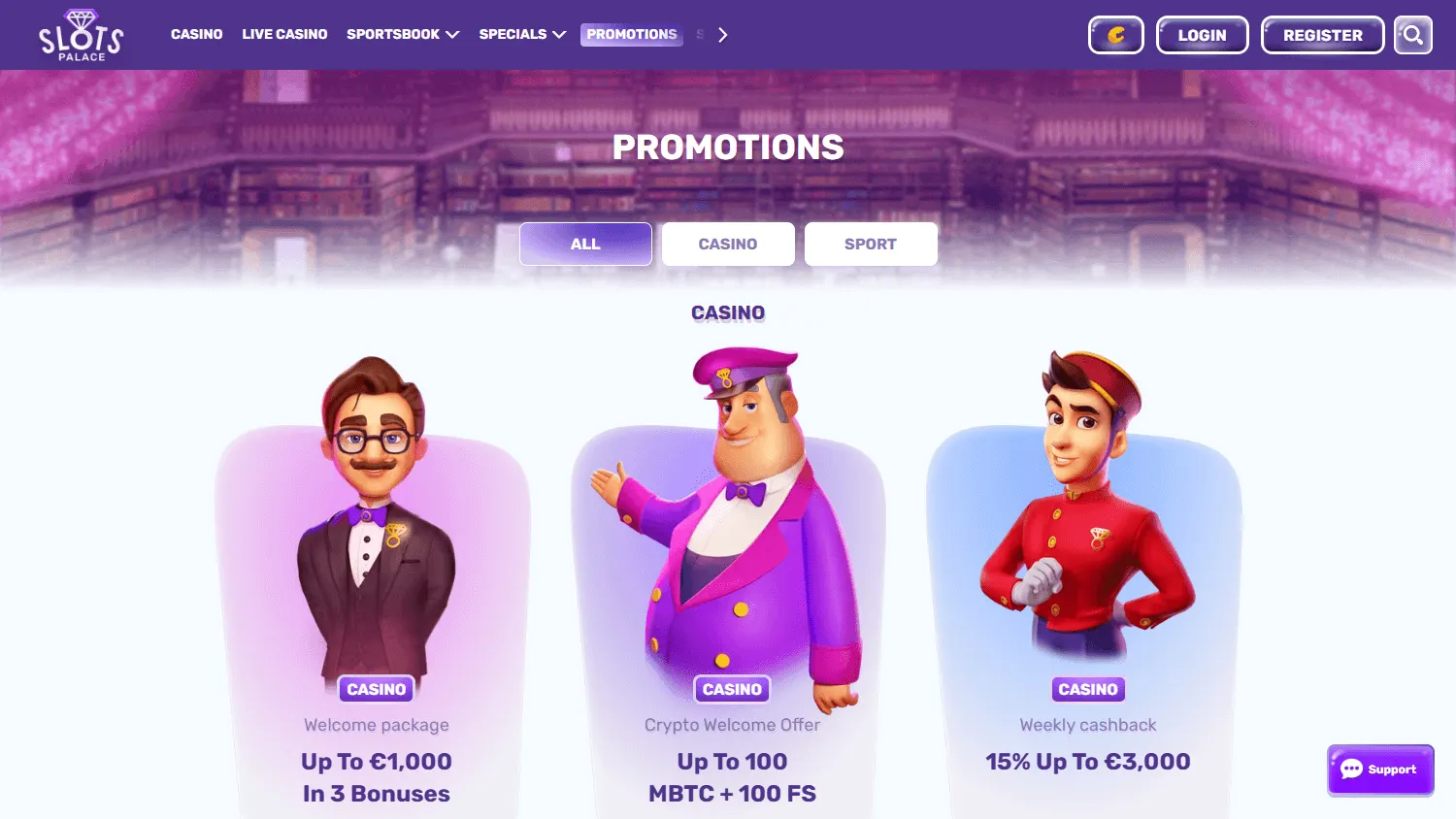 Slotspalace Casino desktop promotions area with bonuses and rewards