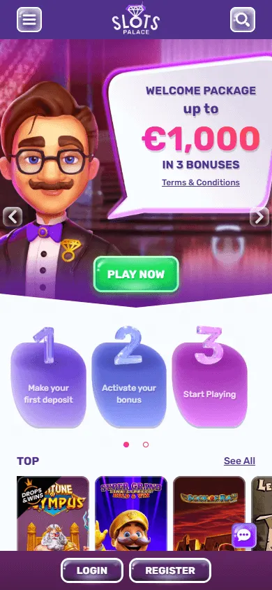 Slotspalace Casino mobile browser interface with casino games
